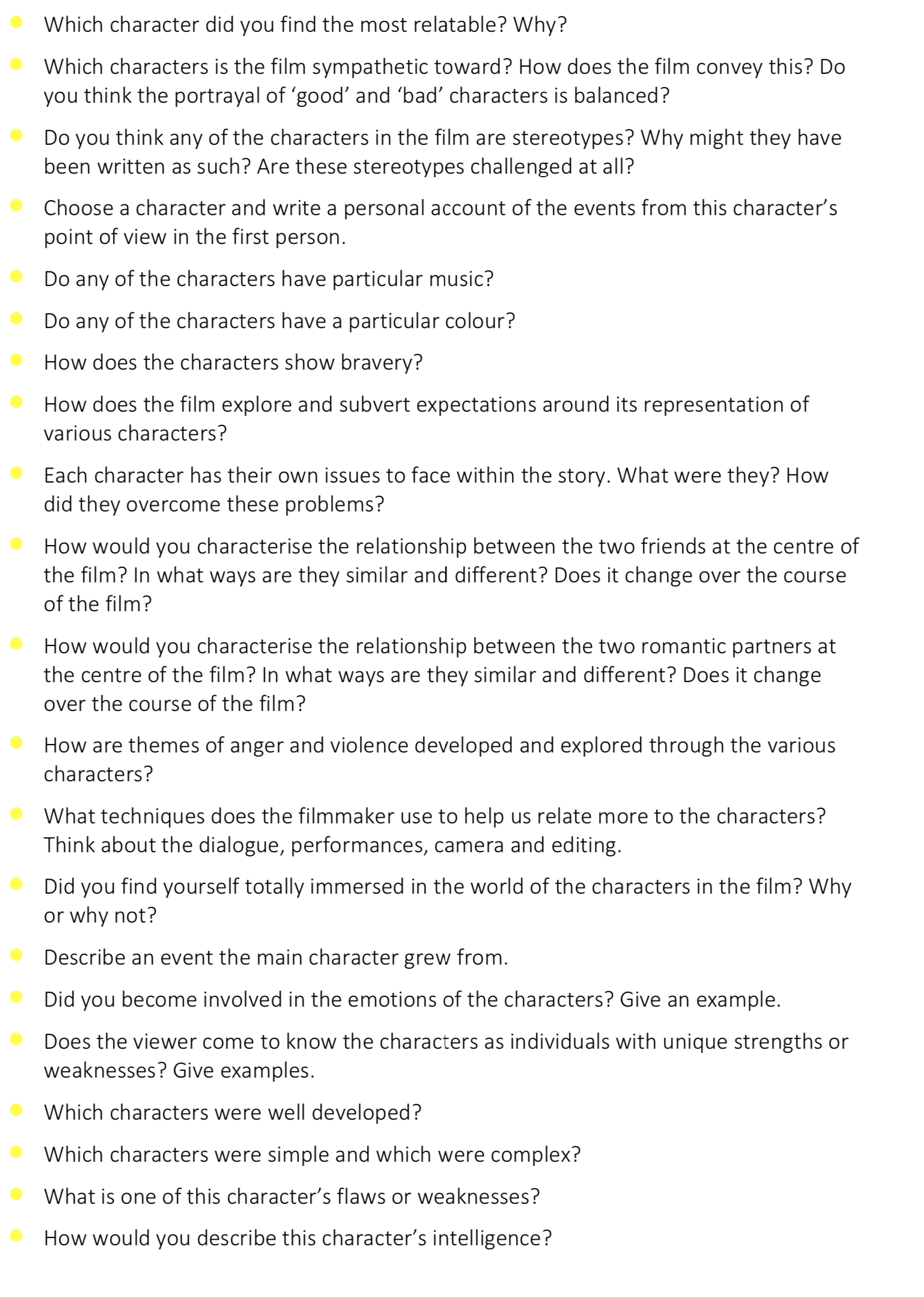 Character Analysis Questions Film English