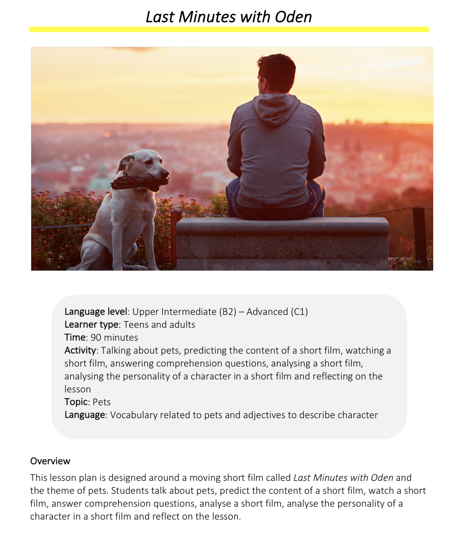 Link to full downloadable ESL video lesson plan on the theme of pets – ideal for B2–C1 learners
