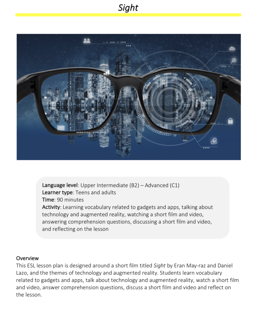 Link to full downloadable ESL video lesson plan on the themes of technology and augmented reality – ideal for B2–C1 learners
