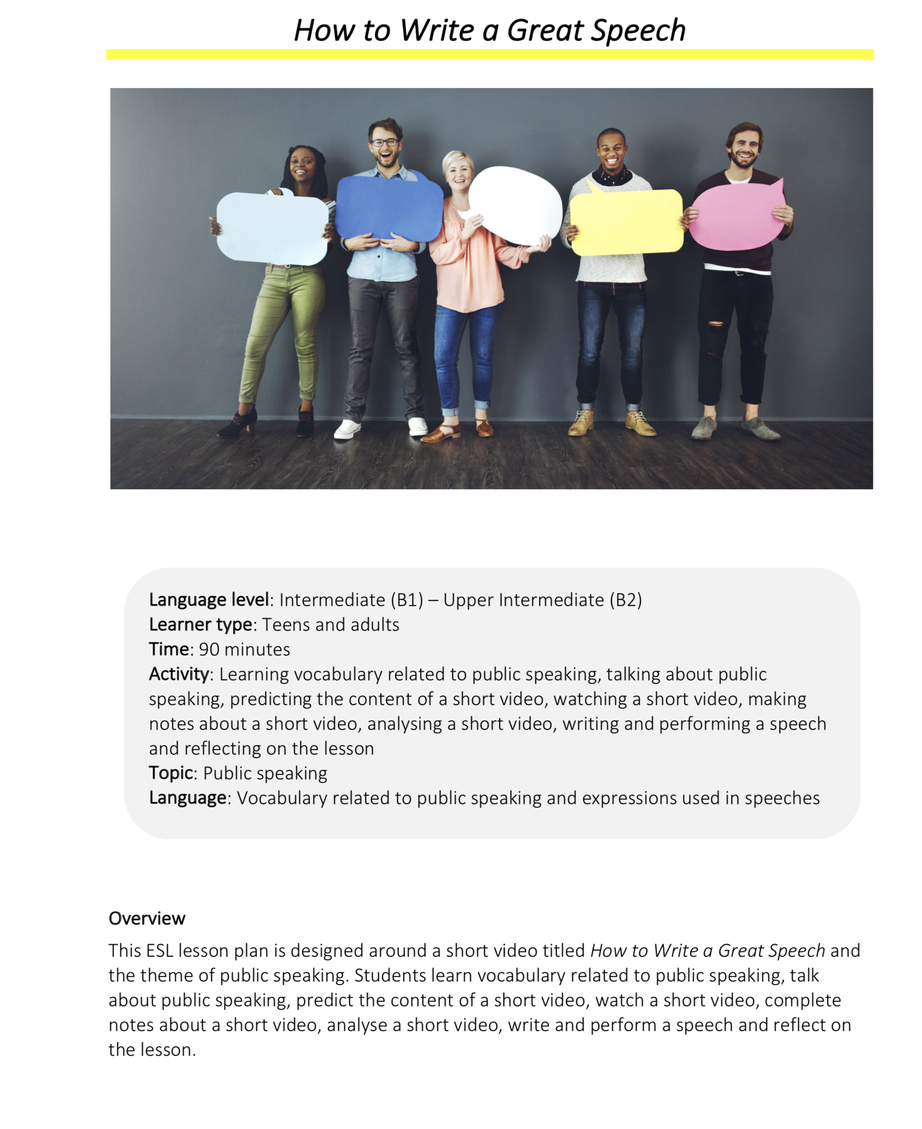 Link to full downloadable ESL video lesson plan on the theme of public speaking – ideal for B1–B2 students
