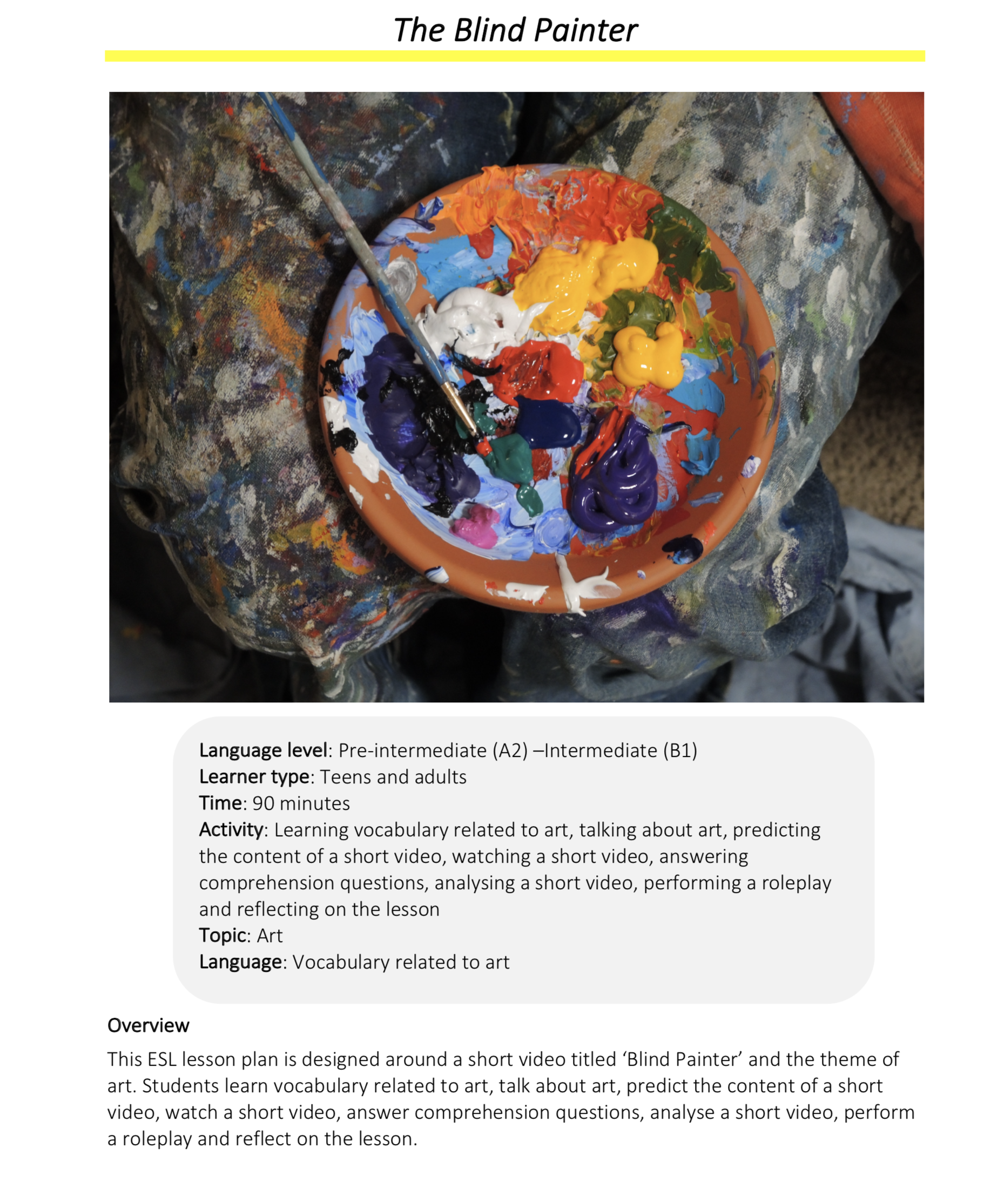 Link to full downloadable ESL video lesson plan on the themes of art and blind painters – ideal for A2–B1 students
