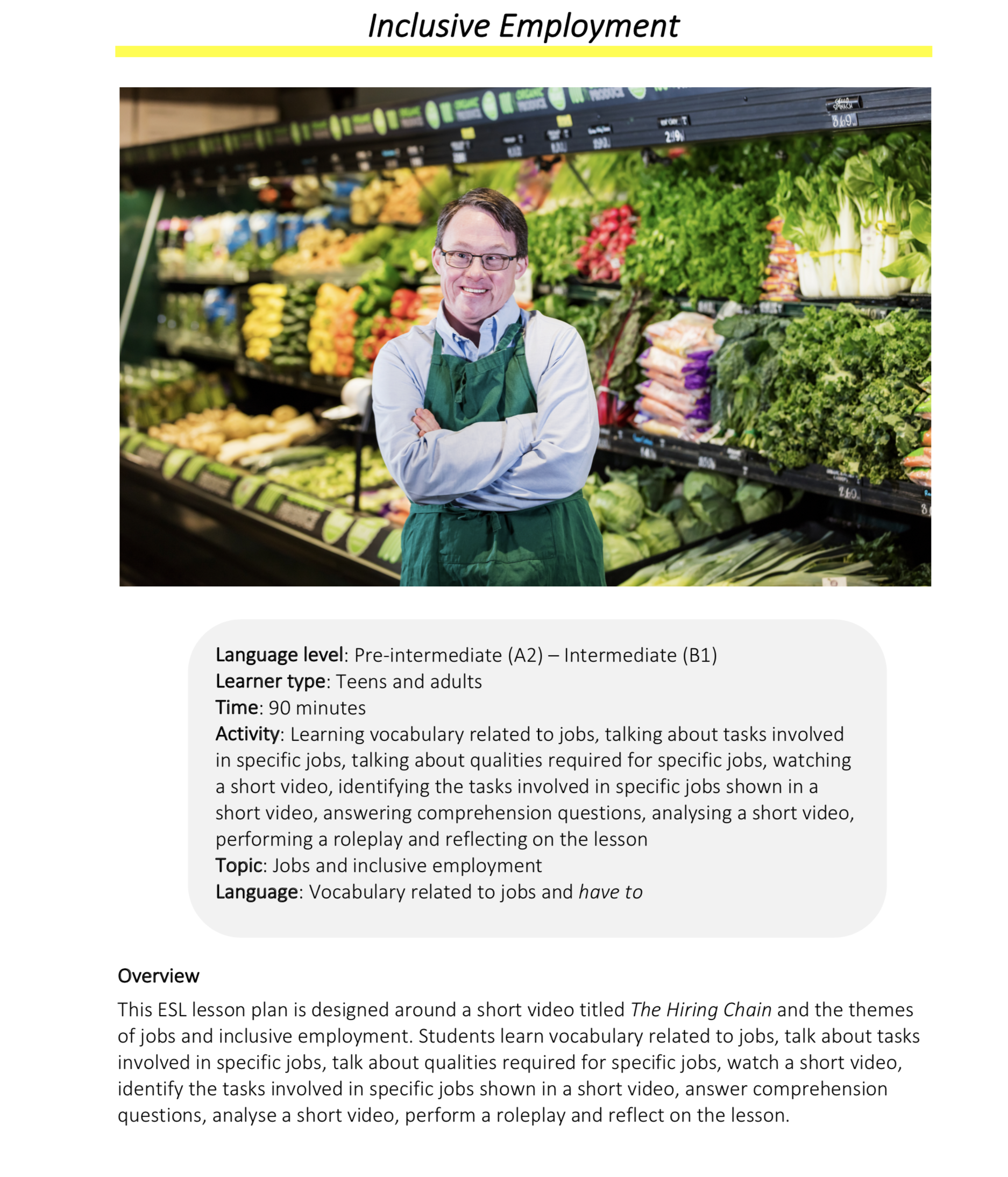 Link to full downloadable ESL video lesson plan on the theme of inclusive employment – ideal for A2–B1 students
