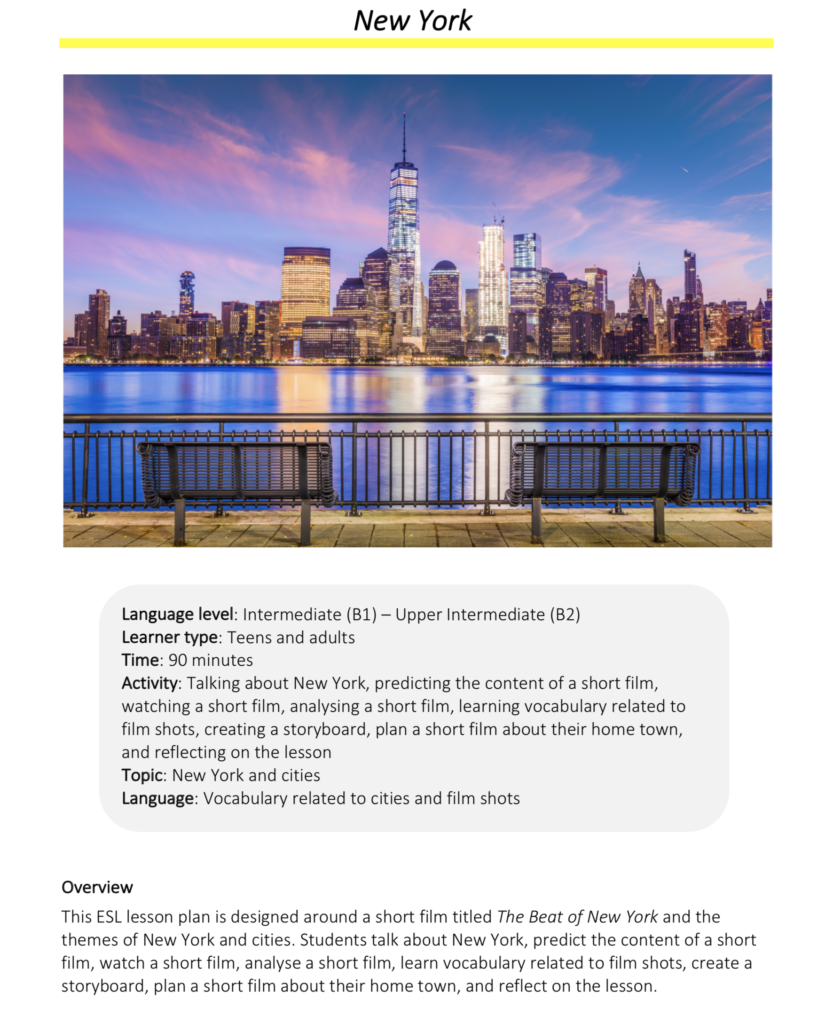 Link to full downloadable ESL video lesson plan on of New York and cities – ideal for B1–B2 students
