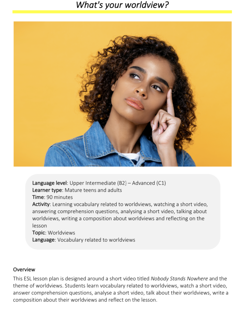 Link to full downloadable ESL video lesson plan on the theme of worldviews – ideal for B2–C1 learners
