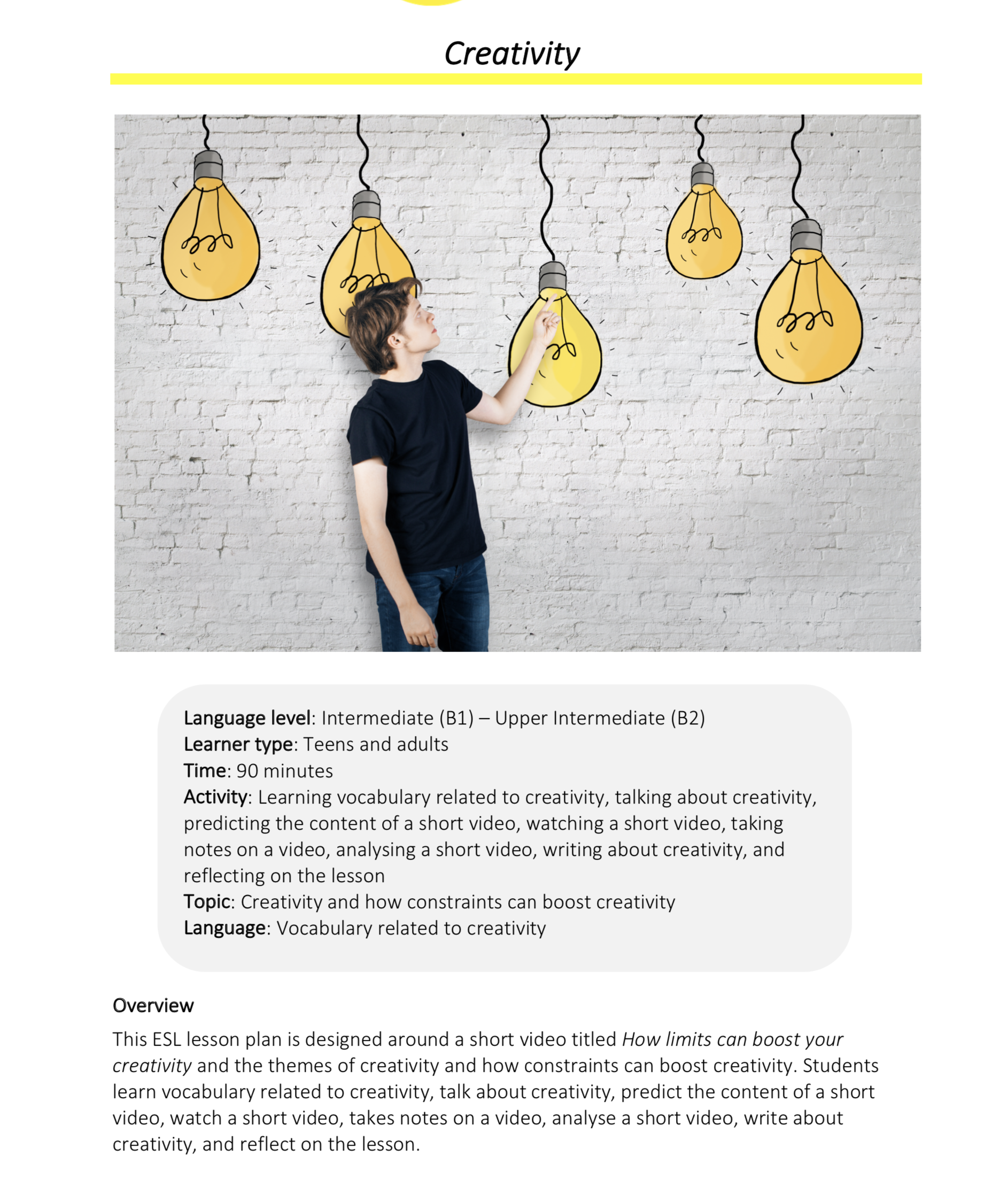 B1 Esl Video Lesson Plan Creativity