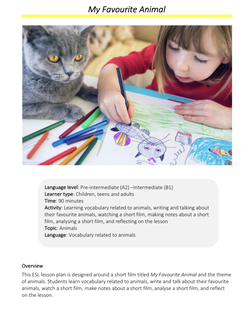Link to full downloadable ESL video lesson plan on the theme of animals – ideal for A2–B1 students
