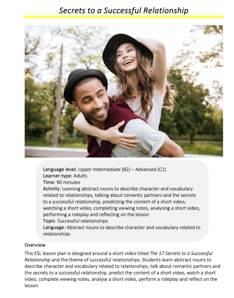 Link to full downloadable ESL video lesson plan on the theme of successful relationships – ideal for B2–C1 learners
