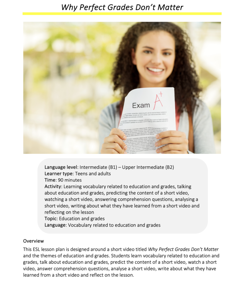 Link to full downloadable ESL video lesson plan on the themes of education and grades – ideal for B1–B2 students
