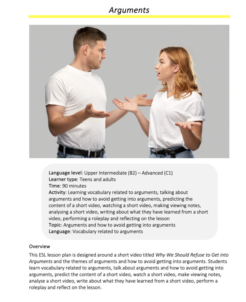 Link to full downloadable ESL video lesson plan on the theme of arguments – ideal for B2–C1 learners
