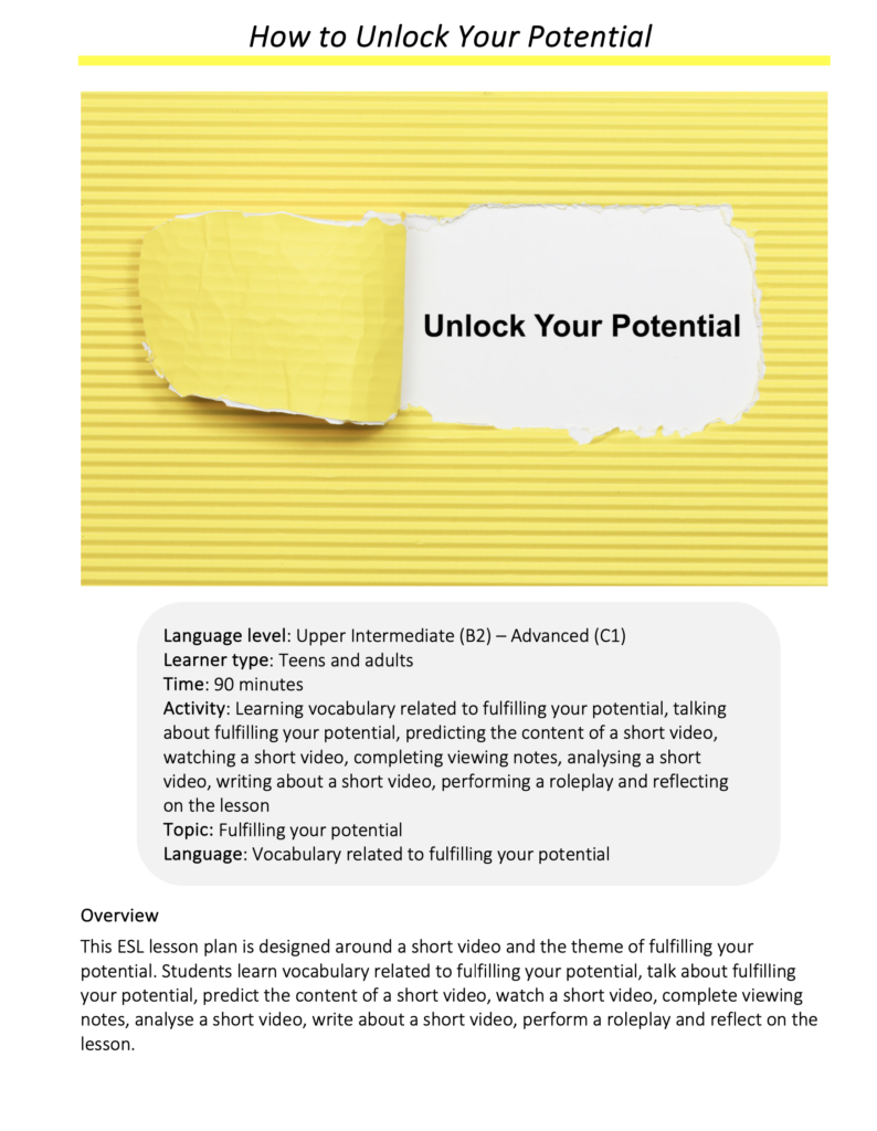 Link to full downloadable ESL video lesson plan on the theme of how to unlock your potential – ideal for B2–C1 learners
