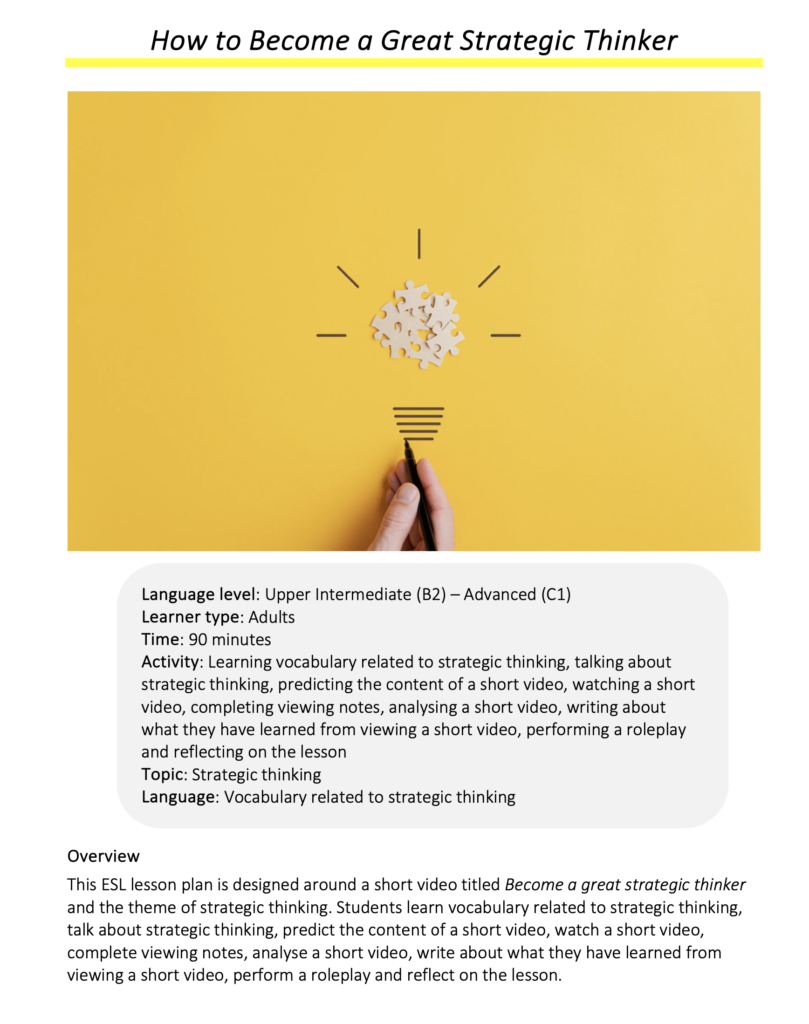 Link to full downloadable ESL video lesson plan on the theme of how to become a great strategic thinker – ideal for B2–C1 learners
