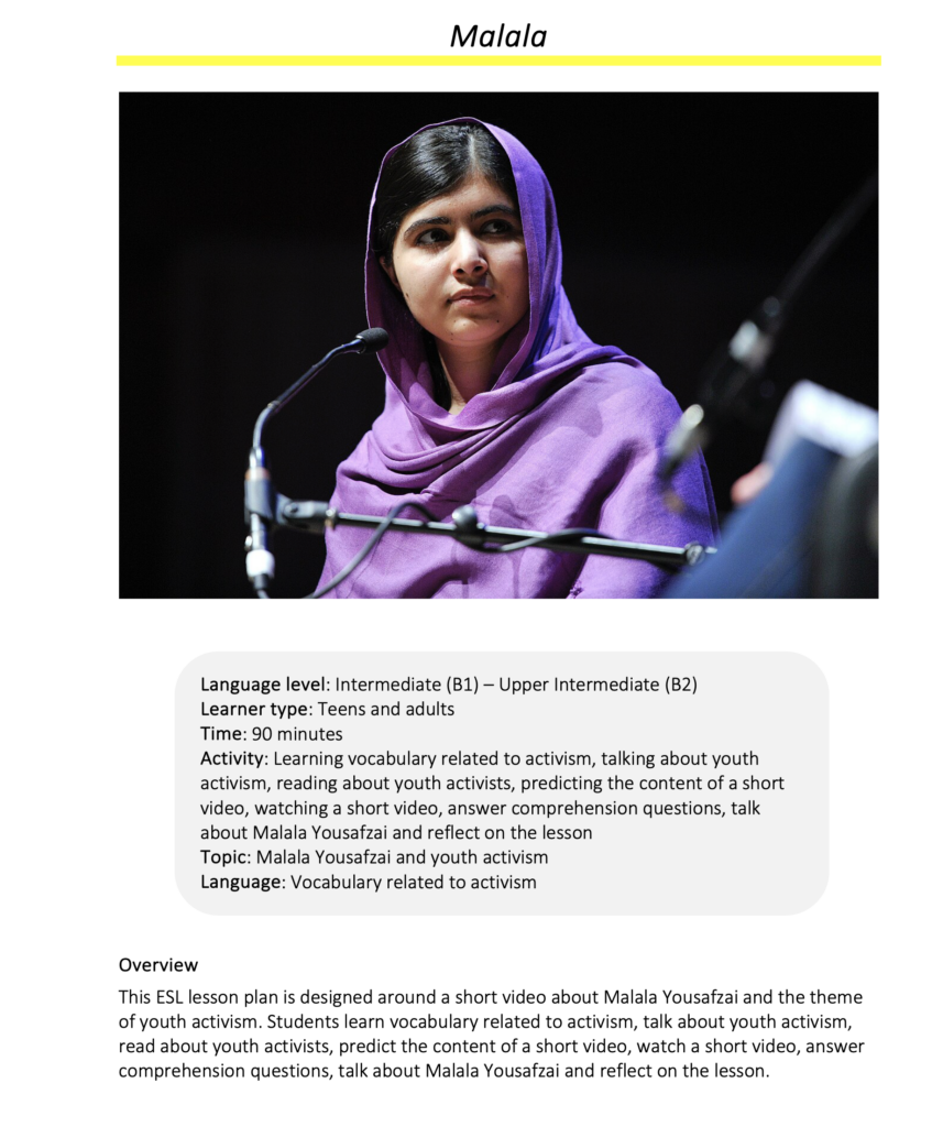 Link to full downloadable ESL video lesson plan on about Malala Yousafzai and the theme of youth activism – ideal for B1–B2 students
