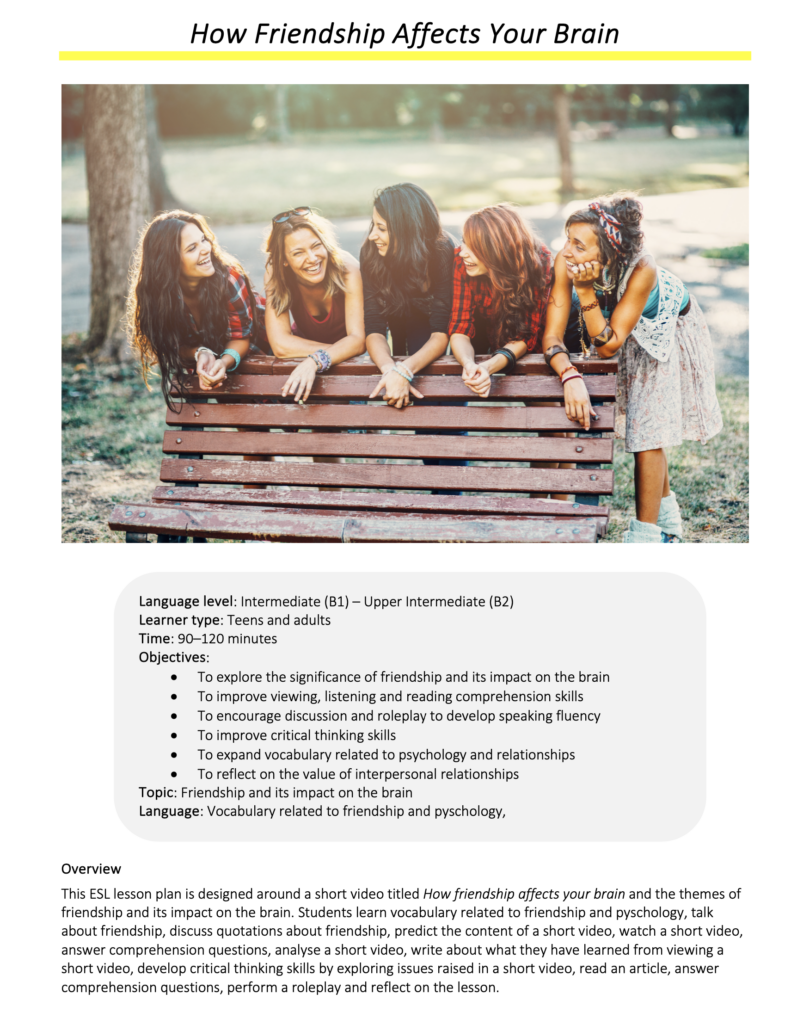Link to full downloadable ESL video lesson plan on friendship and its impact on the brain – ideal for B1–B2 students