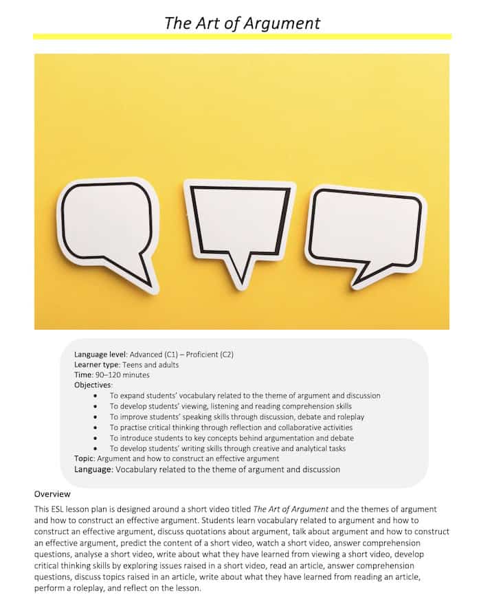 Link to full downloadable ESL video lesson plan on argument and how to construct an effective argument – ideal for C1–C2 learners