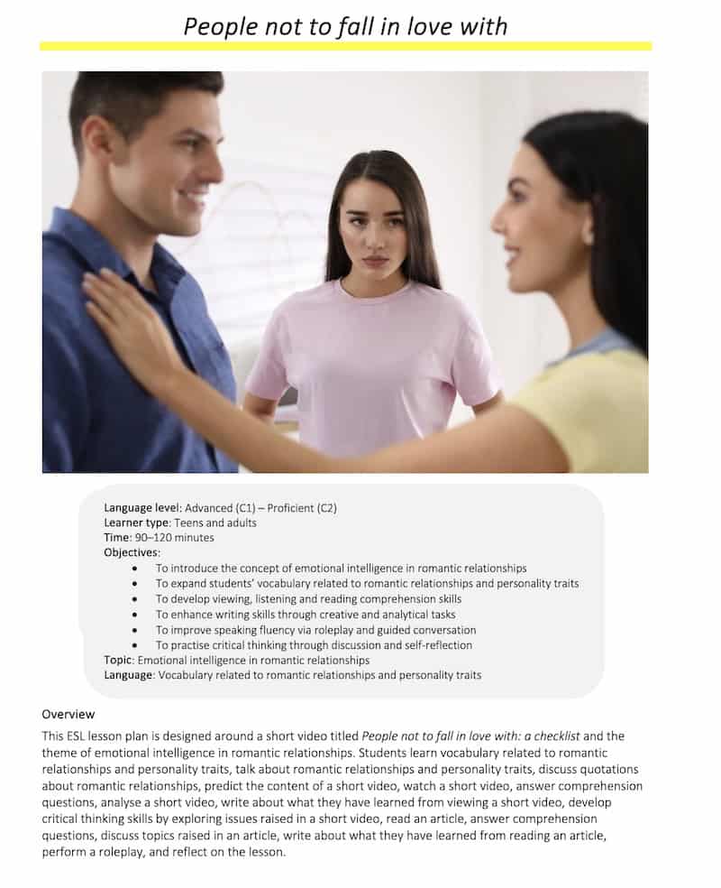Link to full downloadable ESL video lesson plan on emotional intelligence in romantic relationships – ideal for C1–C2 learners