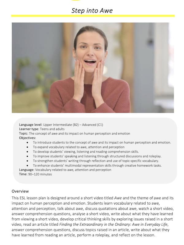 Link to full downloadable ESL video lesson plan on stepping into awe – ideal for B2–C1 learners 