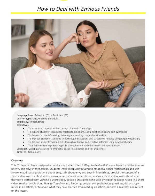 Link to full downloadable ESL video lesson plan on dealing with envious friends – ideal for C1–C2 learners