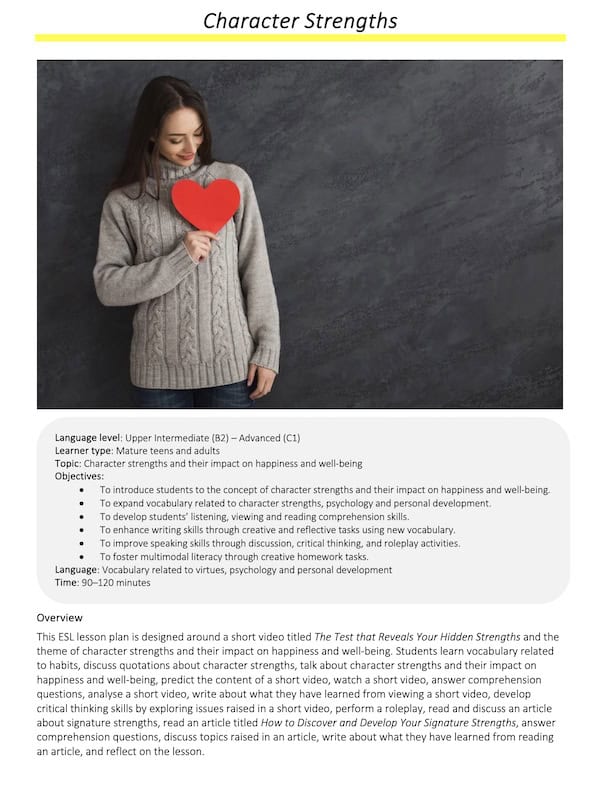 Link to full downloadable ESL video lesson plan on character strengths and happiness – ideal for B2–C1 learners