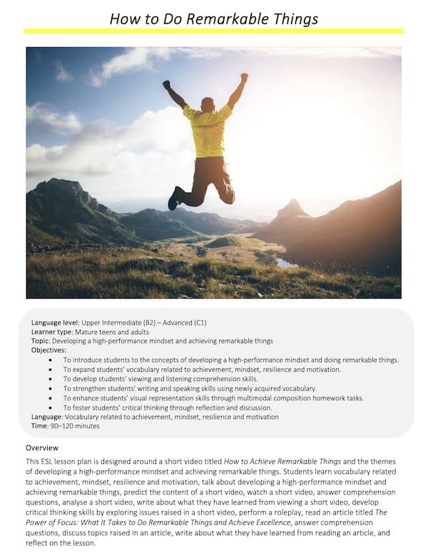 Link to full downloadable ESL video lesson plan on developing a high-performance mindset and achieving remarkable things – ideal for B2–C1 learners