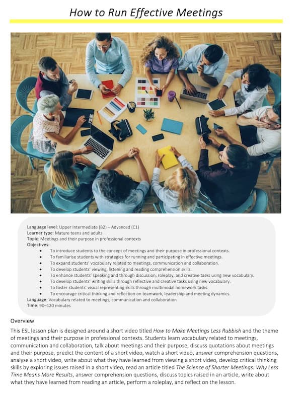 Link to full downloadable ESL video lesson plan on how to run effective meetings – ideal for B2–C1 learners