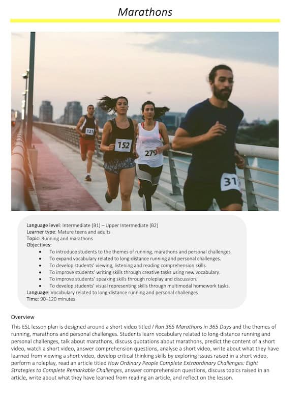 Link to full downloadable ESL video lesson plan on on running and marathons – ideal for B1–B2 students 