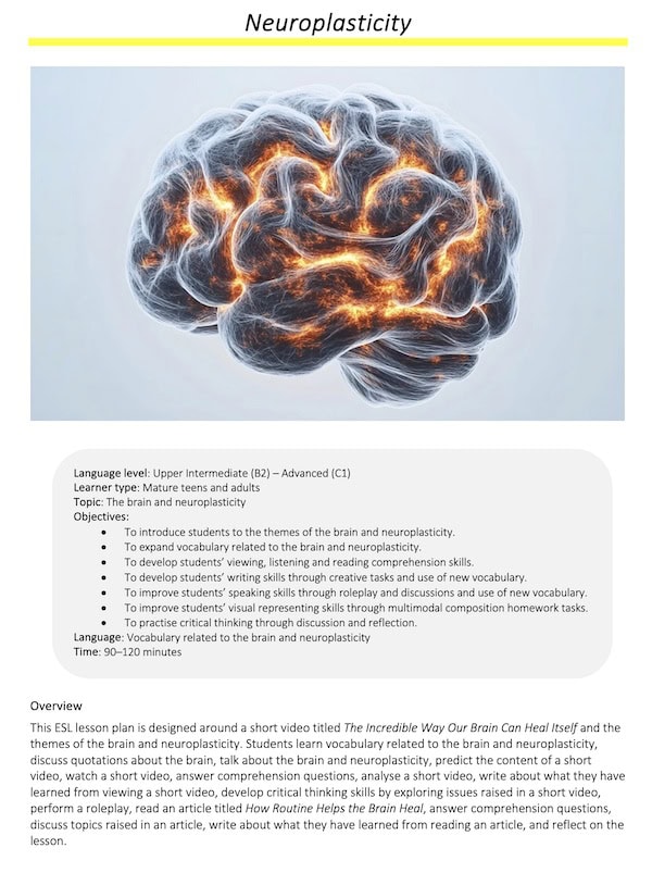 Link to full downloadable ESL video lesson plan on the brain and neuroplasticity – ideal for B2–C1 learners 