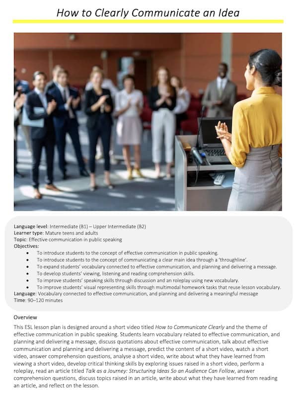 Link to full downloadable ESL video lesson plan on effective communication and public speaking – ideal for B1–B2 students