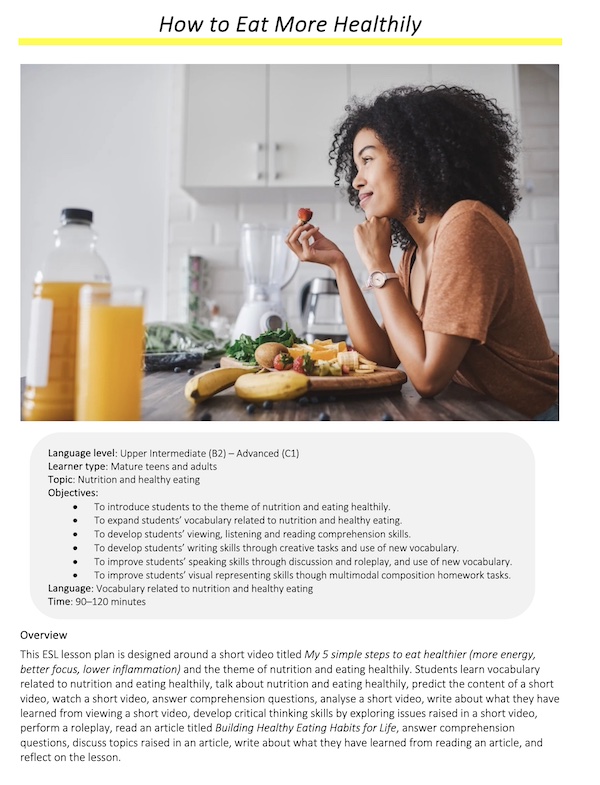 Link to full downloadable ESL video lesson plan on nutrition, healthy eating habits and lifestyle choices – ideal for B2–C1 learners 