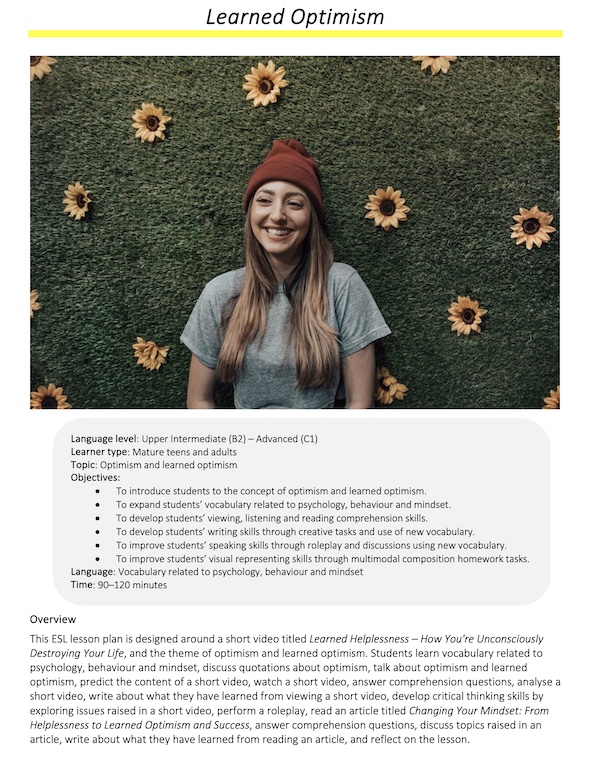 Link to full downloadable ESL video lesson plan on optimism and learned optimism – ideal for B2–C1 learners
