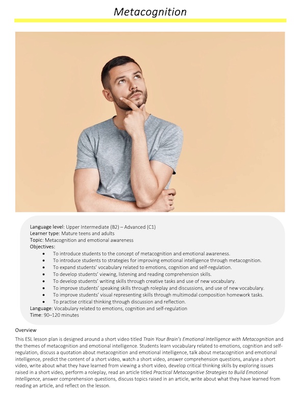 Link to full downloadable ESL video lesson plan on metacognition and emotional intelligence – ideal for B2–C1 learners
