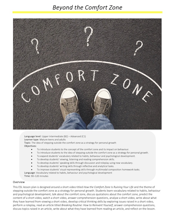 Link to full downloadable ESL video lesson plan on stepping outside the comfort zone – ideal for B2–C1 learners
