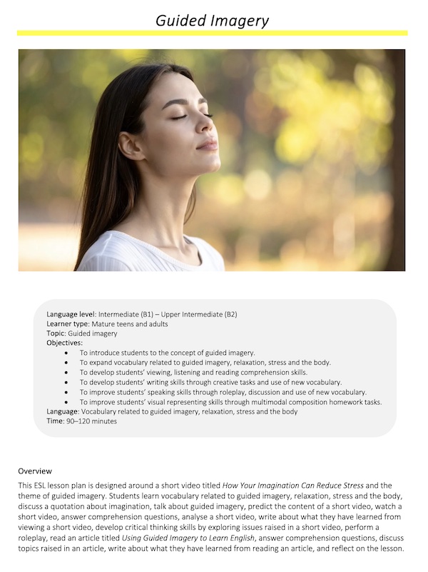 Link to full downloadable ESL video lesson plan on guided imagery – ideal for B1–B2 students